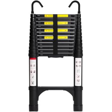 Imagem de BOCOM Escada telescópica de alumínio de 3 m com ganchos, extensão dobrável multiuso leve com 2 estabilizadores de triângulo, capacidade máxima de 150 kg para uso doméstico, trailer e trabalho ao ar