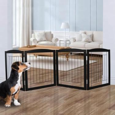Imagem de ZJSF Portão dobrável independente para casa, extralargo, de madeira, preto, para cães, portões para cães, portões altos para animais de estimação, 4 painéis, cerca