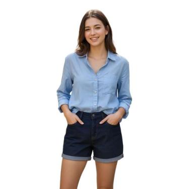 Imagem de Shorts Jeans Feminino Cintura Alta Com Barra Virada - Wju Jeans, Azul,