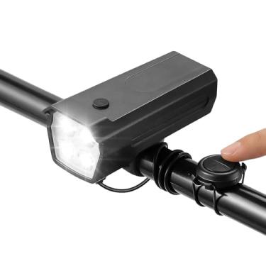 Imagem de Qisan Conjunto de farol e buzina de bicicleta, luz de bicicleta de 300 lúmens, 8 modos de luz frontal de segurança recarregável por USB à prova d'água para estrada, montanha, passeios noturnos