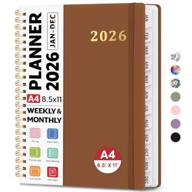 Imagem de Agenda 2026 21,6 cm x 28 cm, agenda semanal e mensal, janeiro de 2026 a dezembro de 2026, agenda espiral de capa dura com abas mensais, páginas de notas, perfeito para mulheres e homens, A4 - marrom