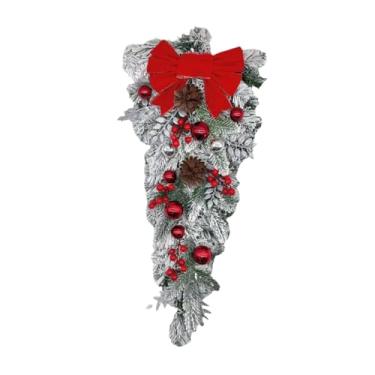 Imagem de UGPLM Guirlanda de Natal com neve decorada com bolas de laço, guirlanda de inverno para porta da frente, decoração de Natal para casa, escritório e feriados, Vermelho