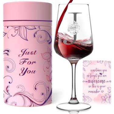 Imagem de Presentes de taça de vinho monograma personalizados para mulheres - Taça de vinho A-Z personalizada com caixa de presente e cartão comemorativo, presentes de aniversário exclusivos de Natal para ela