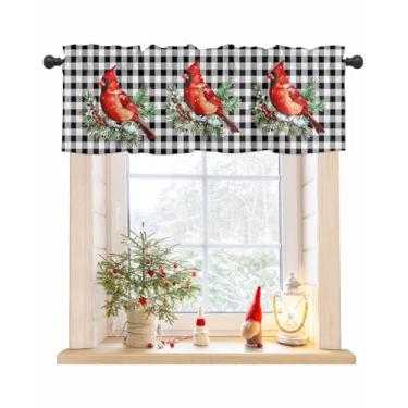Imagem de Cortinas de cozinha de Natal sanefas para janelas com bolso para varão, pássaro cardeal vermelho, tratamento de janela para cozinha/sala de estar/quarto/banheiro, 137 x 45 cm, xadrez preto búfalo