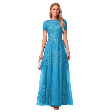 Imagem de Vestido Mãe da Noiva YOFF Ocean Blue Sequin Tule