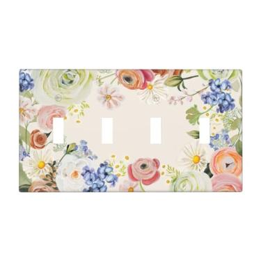 Imagem de Vintage Country Aquarela Flores Silvestres Quadriciclo Interruptor de Luz Placa Decorativa 4 Gang Placas de Parede Placa Elétrica Placa Frontal para Quarto Banheiro Decoração de Casa 11,4 cm x 20,3 cm