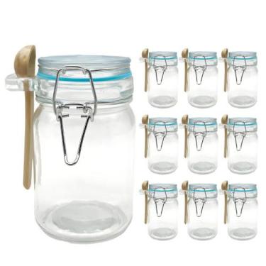 Imagem de Kit 10 Pote Hermético De Vidro Com Trava e Colher de Bambu Redondo 280