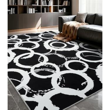 Imagem de YIHOUSE Tapete geométrico moderno preto 15 x 23 cm, preto e branco com círculos abstratos, tapetes laváveis que não caem para quarto, escritório em casa e sala de estar