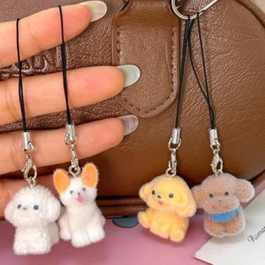 Imagem de 4 peças de chaveiro fofo de cachorro de pelúcia flocando pingentes de animais chaveiros cordão pendurado bolsa acessórios