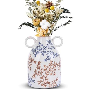 Imagem de Vaso de cerâmica azul vintage, pequenos vasos listrados modernos de meados do século para flores e grama dos pampas, vaso xadrez preto e branco para mesa de jantar, mesa de cozinha, decoração