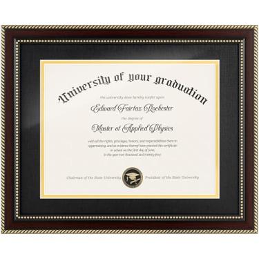 Imagem de FLYJOE Moldura de diploma de 28 x 35 cm para documento de certificado de 21 x 28 cm com tapete preto sobre ouro, moldura de formatura para exibição de parede e mesa, 2 unidades, mogno (tiras douradas