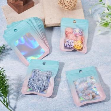 Imagem de 60 unidades de sacos de plástico holográfico com fecho de correr 10 x 7 cm gradiente com glitter, bolsa de embalagem resselável com orifício para pendurar, bolsa de presente para joias, miçangas