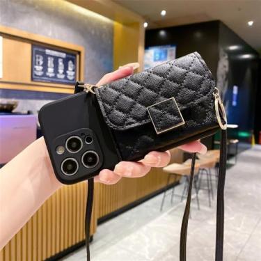 Imagem de Capa de telefone crossbody com bolso para cartão para iPhone 14 13 12 11 Pro XS Max 7 8 Plus SE 2020 2022 Capa de couro com cordão, preta, para iPhone 7Plus (8Plus)