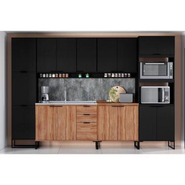 Imagem de Kit Cozinha Modulada 11 Peças Alpha 2 Aéreos + 2 Balcões+ 1 Paneleiro + 1 Torre Quente+5complementos C11p52 PretoFreijó-carraro