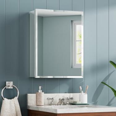 Imagem de TIFULLHOME Armário de remédios de banheiro chanfrado de 40 x 50 cm com espelho, montagem necessária, suporte embutido ou na parede, 1 prateleira de vidro temperado ajustável, armário de remédios de