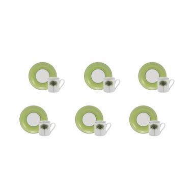 Imagem de Estojo com 6 Xícaras de de Café com Pires. Modelo Redondo Brasília. Decoração Palmeiras. Assinada por Francesca Romana Diana. Fabricado pela Porcelana Schmidt.