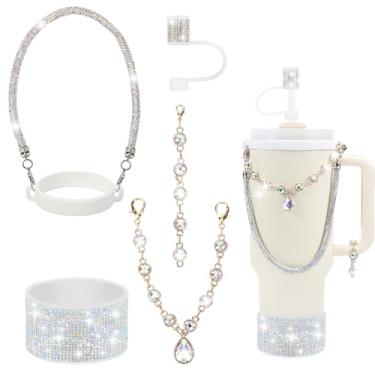 Imagem de 3tyto Conjunto de acessórios de copo Stanley com strass, capa de canudo brilhante de 1 cm, alça de alça de garrafa, pingentes de glitter, bota de silicone, 850 a 1,134 g (strass AB, serve para copo
