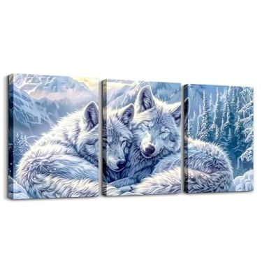 Imagem de Decoração de parede em tela de casal lobo, pintura de parede de montanha nevada de inverno para meninos e meninas, caça selvagem aventura animal rústico, edredom de plumas, azul e branco 3 peças