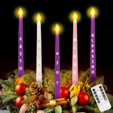 Imagem de 5 peças de velas do advento de Natal sem chama: decoração cônica com adesivos de letras DIY para guirlanda de mesa