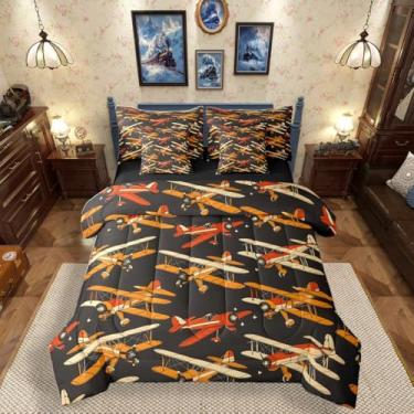 Imagem de Erosebridal Conjunto de cama solteiro com desenho de aeronaves de desenho animado, 7 peças, avião moderno, cama de avião a hélice, para decoração de quarto de crianças, meninos, homens, decoração de