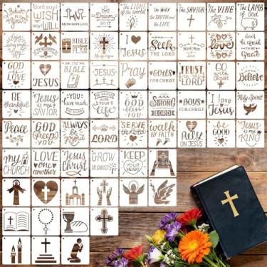 Imagem de 64 estênceis de versículo bíblico pequeno para pintura em madeira, estêncil cristão reutilizável de 7,6 cm para artesanato, citações motivacionais de plástico, modelo de palavras para parede, placa de