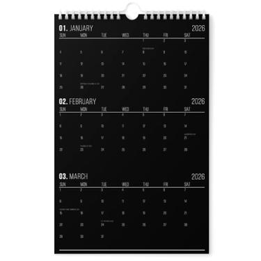 Imagem de Karto Calendário de parede de 3 meses 2026 - vertical 28 x 43 cm de janeiro de 2026 a junho de 2027 - Aumente sua produtividade e planejamento fácil com o calendário mensal estético - todo preto