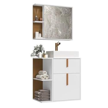 Imagem de Kit Armário Organizador Gabinete P/Banheiro Com Espelheira E Cuba2 Portas (Argos Branco Com Nature)