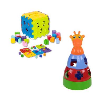 Imagem de Kit Cubo Didático Infantil 24 Peças Bebê + Girafa Brinquedo de Empilha