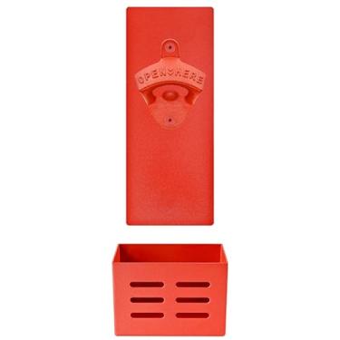 Imagem de HAIICEN Abridor de garrafa de cerveja magnético vermelho montado na parede abridor de cerveja de ferro fundido com tampa balde para geladeira