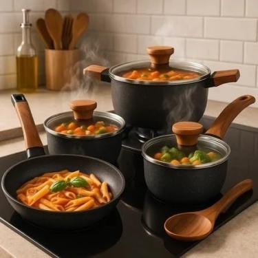 Imagem de Conjunto 04 Peças Panelas Antiaderente Tampa Vidro Panelas Caçarolas Cozinha Frigideira Recipiente