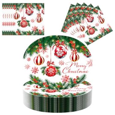 Imagem de Conjunto de 100 pratos e guardanapos ovais de Natal, pratos descartáveis grandes de 25,4 x 30,5 cm para suprimentos de festa de Natal