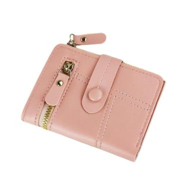 Imagem de Carteira feminina, carteira pequena de poliuretano para mulheres com 4 compartimentos para cartão, um bolso com zíper, porta-cartão de crédito dobrável para compras, rosa, Casual