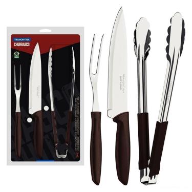 Imagem de Kit Para Churrasco Plenus Com Lâminas Em Aço Inox E Cabos De Polipropileno Marrom 3 Peças