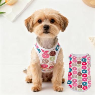 Imagem de 1 peça traje de recuperação de cirurgia de ferimento de gato de algodão padrão de donut, macacão de gato feminino, camiseta de cachorro pequeno, camisetas fofas, camisetas de algodão macio sem mangas