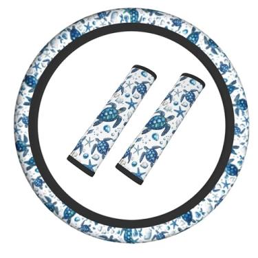 Imagem de Capa de volante de tartaruga marinha elástica antiderrapante para volante de carro com cinto de segurança almofada de ombro para mulheres e homens