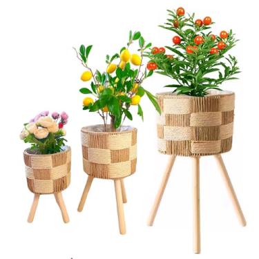 Imagem de LiliGloris Conjunto de 3 suportes para plantas de vime Boho – Suporte moderno de vime de meados do século para plantas de interior, decoração de casa de fazenda grande, design de madeira resistente e