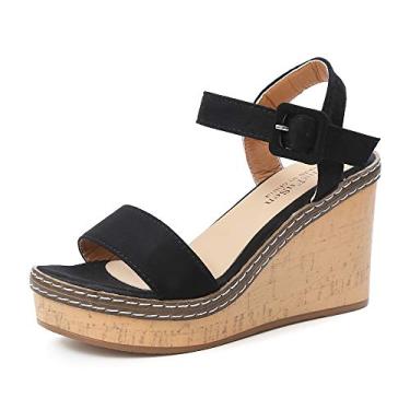 Imagem de Bigfanshu Sandálias femininas de verão plataforma de boca de peixe feminina salto alto plataforma plataforma sapatos anabela sexy fivela inclinada, Preto, 37 BR