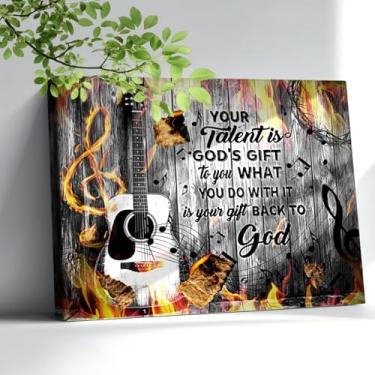 Imagem de Bawpkn Arte de parede de guitarra com citações inspiradoras cristãs pintura em tela vintage guitarra sala de música quadros de parede decoração para sala de estar quarto estúdio de música dormitório