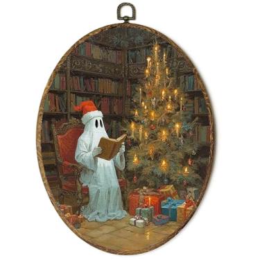 Imagem de Lengues Arte de parede oval de leitura de fantasma de Natal, decoração de parede oval assustadora de Natal e inverno, Dark Academia Cottage Ghost Winter Xmas Holiday Hanging Canvas emoldurado para