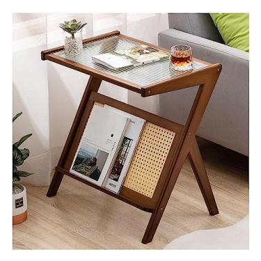 Imagem de MZYSGFCY Mesa lateral com tampo de vidro de bambu com suporte de revistas em forma de Z, mesa de cabeceira moderna e fina para sala de estar, quarto, sofá pequeno