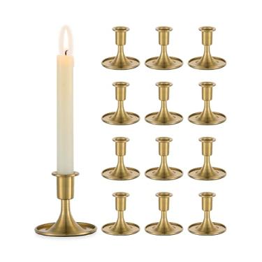 Imagem de Romadedi Castiçais dourados - Castiçais de latão cônicos para mesa de casamento, centro de mesa, decoração festiva de cornija de Natal, decoração de casa, conjunto de 12