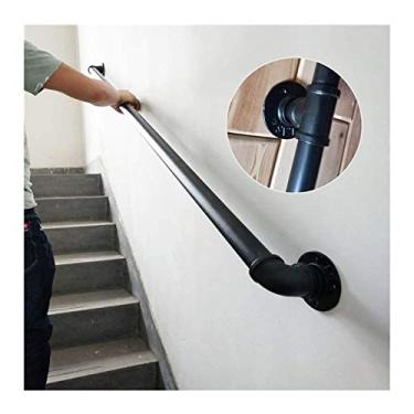 Imagem de Corrimão de escada - kit completo. Tubo de ferro de vento industrial corrimão para idosos, para corredor interno e externo sótão, preto (cor: preto, tamanho: 5 m)