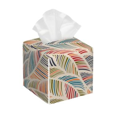 Imagem de Capa quadrada de couro para caixa de lenços à prova d'água, linhas listradas, organizador de papel facial colorido com cinto inferior, estojo de lenços para mesa, banheiro, escritório, mesa, carro