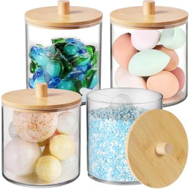 Imagem de SheeChung Pacote com 4 frascos grandes de boticário de 1,5 l com tampa de bambu, recipiente de cápsulas de lavanderia, frascos de armazenamento para organização de banheiro, recipientes de plástico