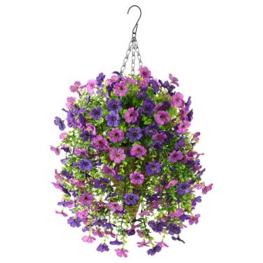 Imagem de INQCMY Flores artificiais penduradas com cesta para decoração de primavera ao ar livre, plantas de plástico falso, flor sintética para jardim, varanda, pátio, varanda, jardim, decoração
