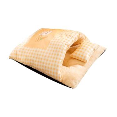 Imagem de Generic Cama de gato para animais de estimação, saco de dormir com travesseiro e colchão de pelúcia pequeno, confortável, para animais de estimação, L Yellow
