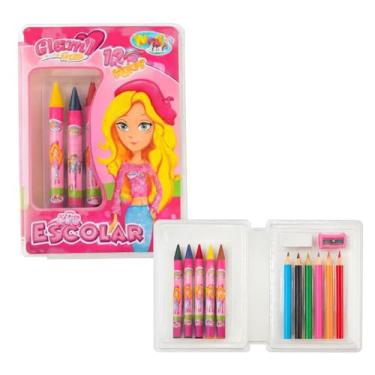 Imagem de Estojo Infantil Escolar Glam Girl, Kit Artístico 18 Peças, Material Plástico, Colorido, com Lápis de Cor, Giz de Cera, Desenhos para Colorir