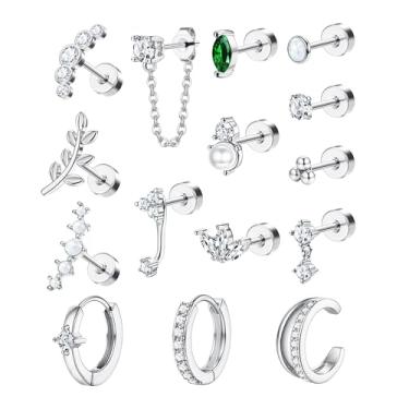 Imagem de ZELORES Conjunto de brincos femininos com costas planas para cartilagem de argola para vários piercings de aço inoxidável, pequeno, tragus, hélice, joias, brincos banhados a ouro 18 quilates, Aço