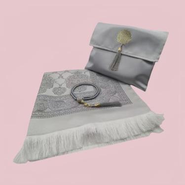 Imagem de WABIWABI@HOME Conjunto de presente Ramadã e Eid – Tapete de oração islâmica com contas Tasbih, tapete de oração premium em saco ou caixa de presente, ideal para homens e mulheres muçulmanos (cinza