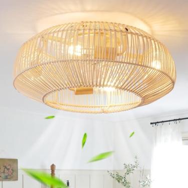 Imagem de Boho Caged Ventilador De Teto Boho Rattan De 20'' Com Luz, Ventiladores De Teto Coastal Caged Com Luzes E Controle Remoto, Montagem Embutida Oculta Fechada Com 6 Velocidades Reversíveis Para Sala De